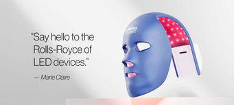 Mystique mask on the right lit up against a white background with the quote 