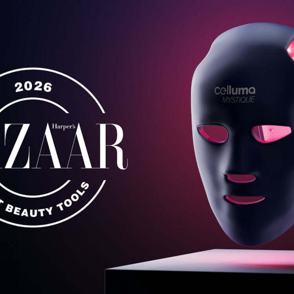 Mystique LED mask lit up and floating with the Harper's Bazaar logo to the left that says 2026 Best Beauty Tools.