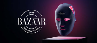 Mystique LED mask lit up and floating with the Harper's Bazaar logo to the left that says 2026 Best Beauty Tools.