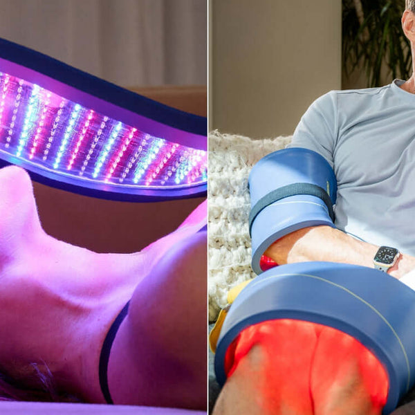 Two side-by-side images of people using Celluma LED light therapy devices for 10 minutes per day and 30 minutes per day