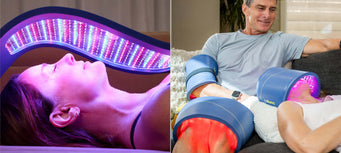 Two side-by-side images of people using Celluma LED light therapy devices for 10 minutes per day and 30 minutes per day