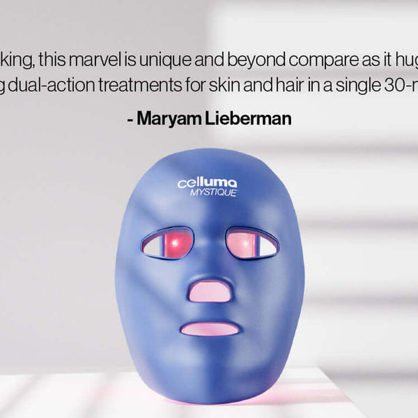 Celluma MYSTIQUE Mask on a white background with a quote from the article above the mask.