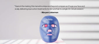 Celluma MYSTIQUE Mask on a white background with a quote from the article above the mask.
