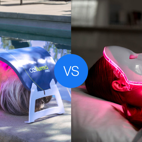 Image of person using Celluma LED red light therapy panel next to an image of a person using a red light therapy mask