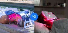 Image of person using Celluma LED red light therapy panel next to an image of a person using a red light therapy mask