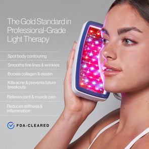 Woman using a LED light therapy device on her face with text highlighting benefits and FDA clearance.