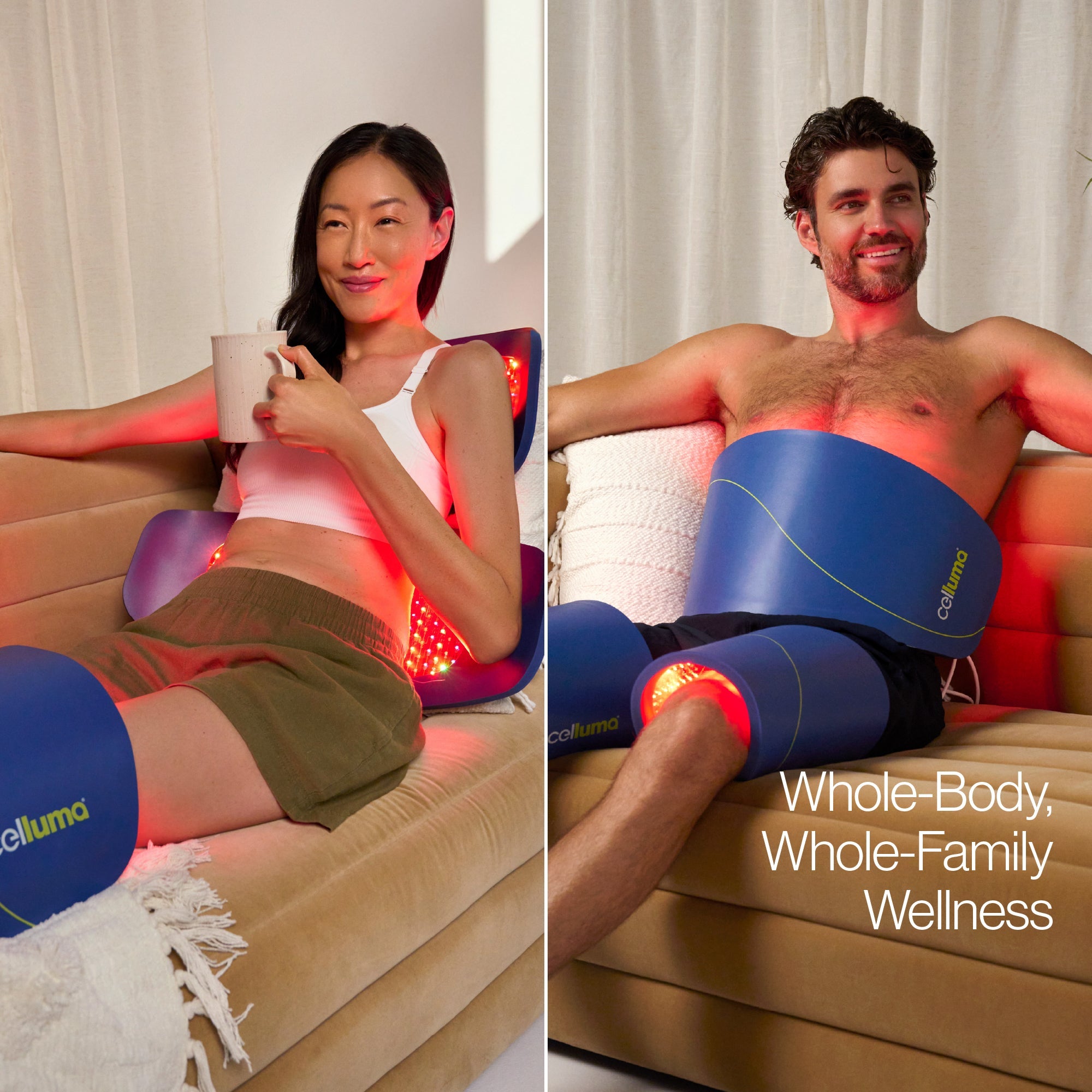 Whole body, whole family wellness solutions with the 5-mode Celluma CONTOUR PLUS LED light therapy system. Woman shown relaxing on couch receiving treatment for back on the back and knees. Man shown on right receiving a body contouring treatment using red & near infrared light energy to shrink fat cells on the abdomen and thighs.