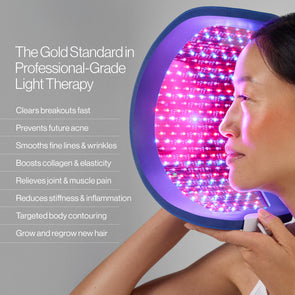 Person using a Celluma LED red light therapy device with text highlighting its benefits on a gray background
